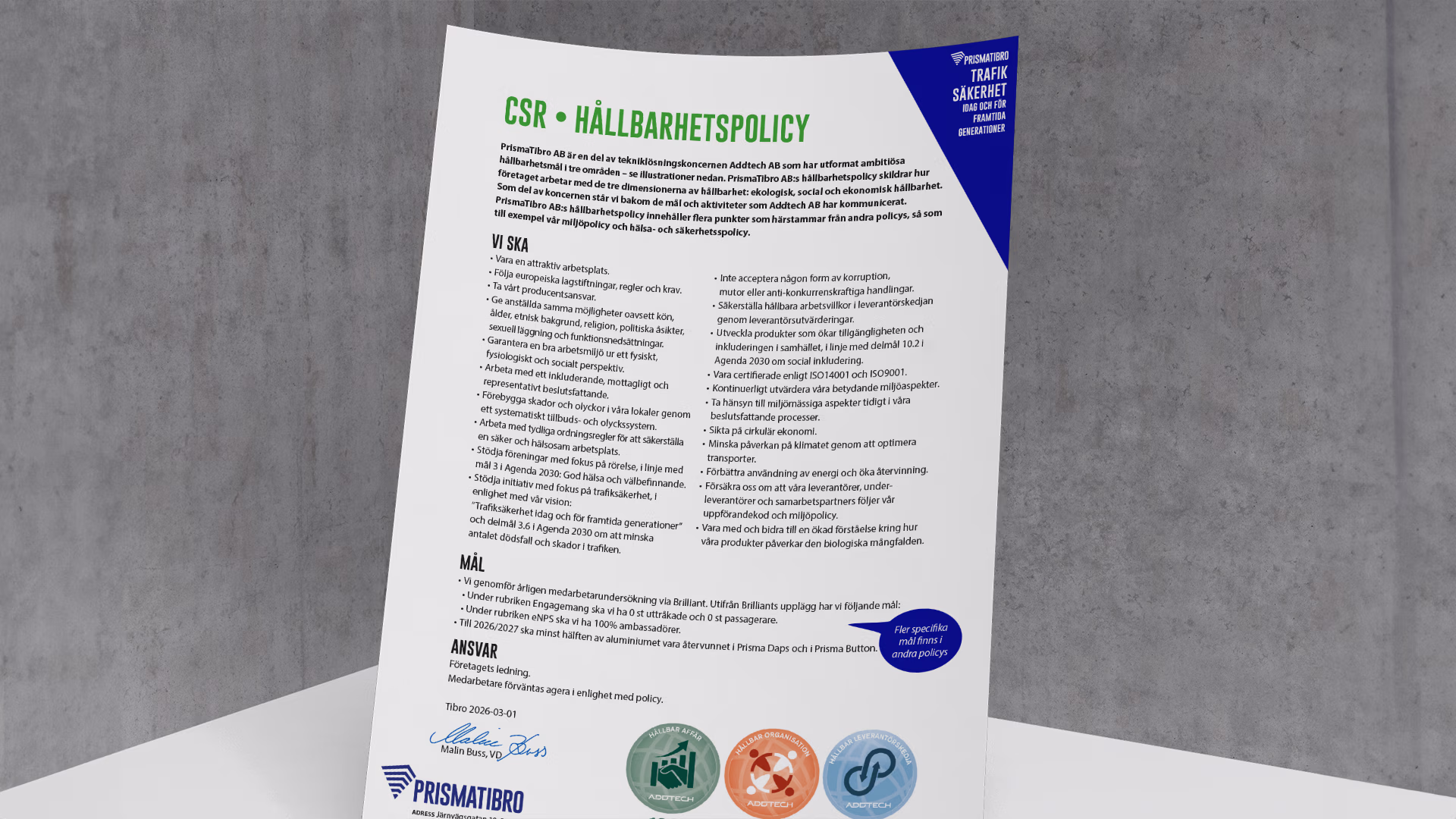 PrismaTibro CSR Hållbarhetspolicy