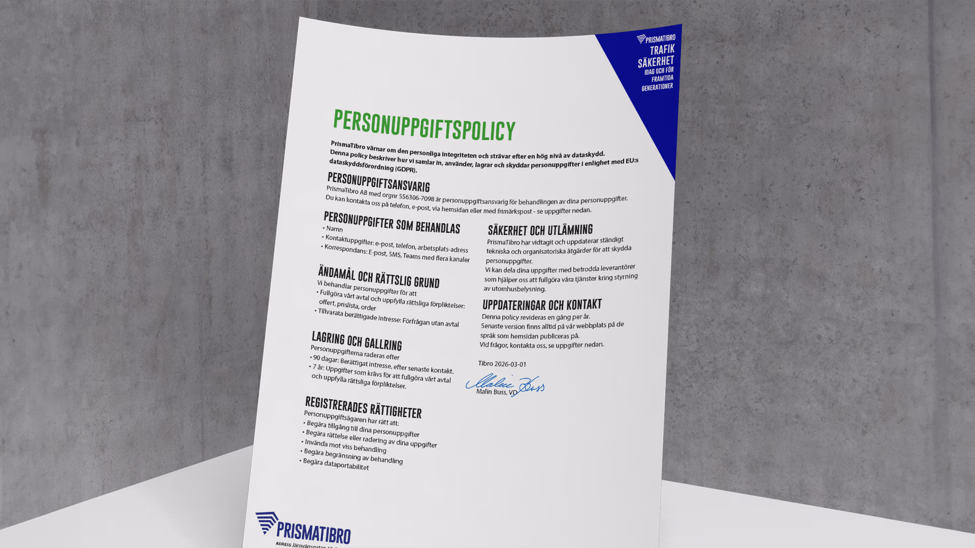 PrismaTibro Personal Data Policy