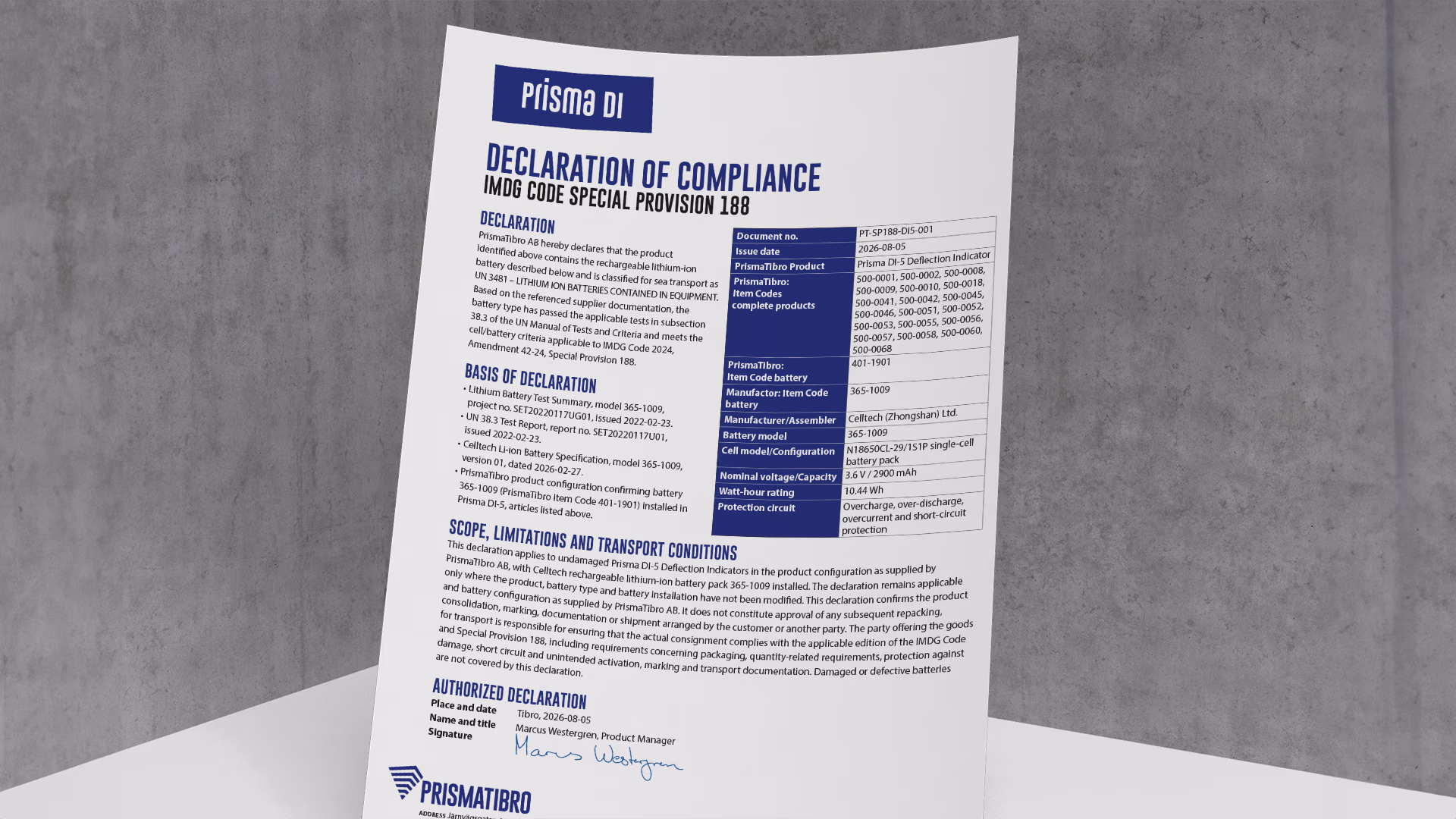 Prisma DI-5 Declaration of Compliance IMDG Code Special Provision 188
